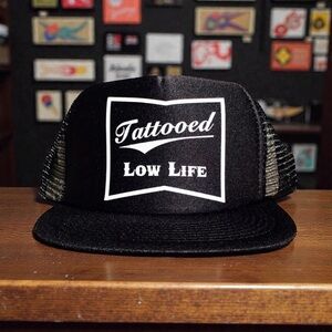 Black Tattooed Lowlife Trucker Hat with White Print